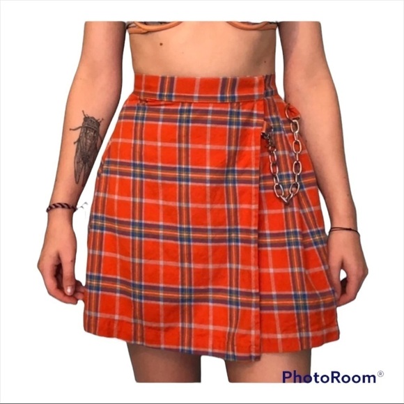 THE RAGGED PRIEST Orange Plaid Tartan Cotton Mini Skirt Chain Detail Size Small - Picture 1 of 7
